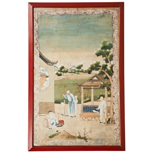 192 - SET OF FOUR DECORATIVE 18TH CENTURY CHINESE WATERCOLOUR WALLPAPER PANELS, in red frames with rococo ... 