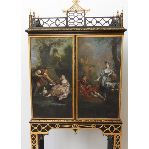 70 - A FINE GEORGE III PAINTED CABINET ON STAND, in the Chinese Chippendale manner, the fret pierced 'pag... 