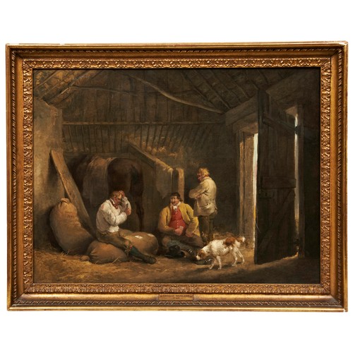 206 - GEORGE MORLAND (1762/63 - 1804), INTERIOR OF A STABLE, PLAYING CARDSOil on canvas. Signed left hand ... 