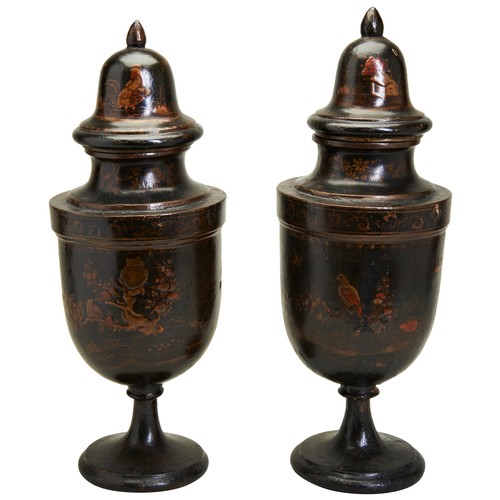 226 - A PAIR OF ENGLISH BLACK LACQUER COVERED URNS, LATE 18TH CENTURY, inverted acorn form, with gilt and ... 