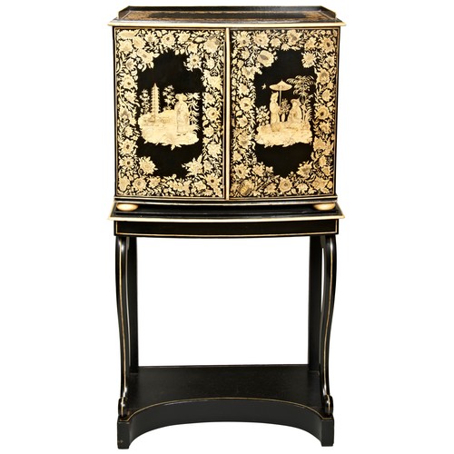 67 - A REGENCY PENWORK CABINET ON LATER STAND, CIRCA 1820 AND LATER, chinoiserie decoration throughout, t... 