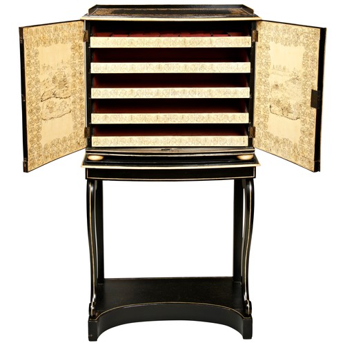 67 - A REGENCY PENWORK CABINET ON LATER STAND, CIRCA 1820 AND LATER, chinoiserie decoration throughout, t... 