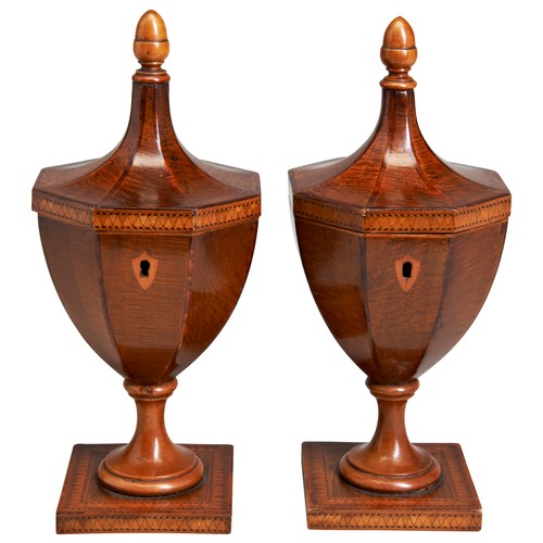 227 - A PAIR OF GEORGE III SATINWOOD INLAID TEA CADDIES, urn form, the hinged covers with acorn finials, e... 