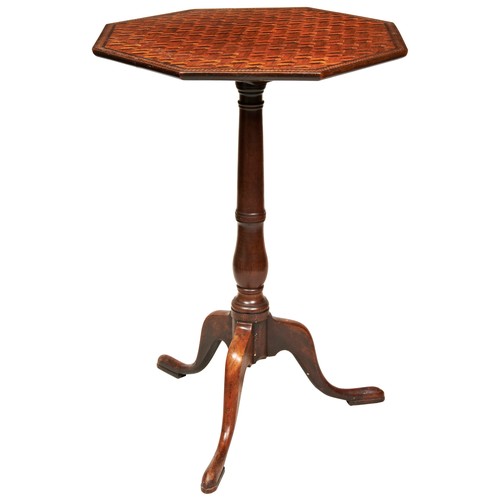 8 - A LATE GEORGE III OCTAGONAL PARQUETRY TRIPOD TABLE, the octagonal top raised on a turned column supp... 