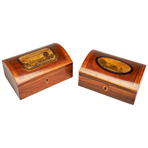 223 - A NEAR PAIR OF GEORGE III ROSEWOOD AND SATINWOOD CROSSBANDED BOXES, with hinged dome top covers, dec... 