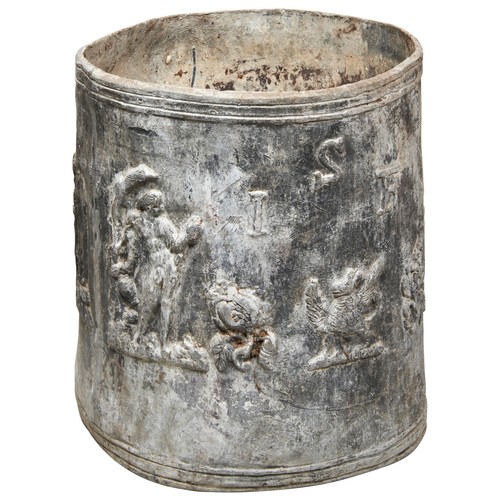 81 - AN 18TH CENTURY CYLINDRICAL LEAD PLANTER, the sides bearing the initials 'I.S.F' and decorated in re... 