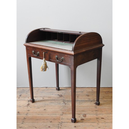 15 - A GEORGE III CYLINDER WRITING DESK, CIRCA 1810, the cylinder tambour roll enclosing six 'pigeon hole... 