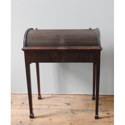 15 - A GEORGE III CYLINDER WRITING DESK, CIRCA 1810, the cylinder tambour roll enclosing six 'pigeon hole... 