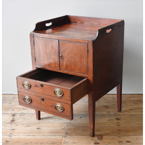 4 - A GEORGE III MAHOGANY TRAY TOP NIGHT STAND, CIRCA 1820, galleried top above two cupboard doors, the ... 