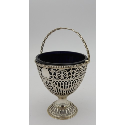 280 - A EARLY 19TH CENTURY SILVER SUGAR BASKET, ornate pierced lattice sides with tied swag and scrolling ... 