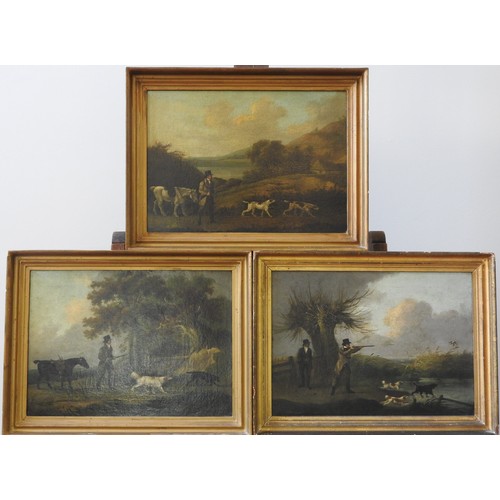 203 - ATTRIBUTED TO J.F. SARTORIUS (1775-1831), A SET OF THREE HUNTING WITH DOG SCENESOil on canvas28cm x ... 