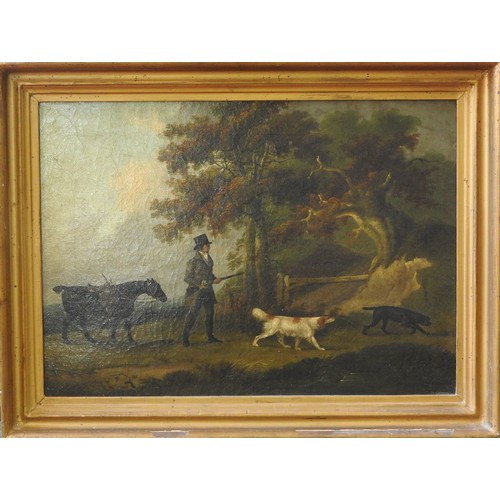 203 - ATTRIBUTED TO J.F. SARTORIUS (1775-1831), A SET OF THREE HUNTING WITH DOG SCENESOil on canvas28cm x ... 