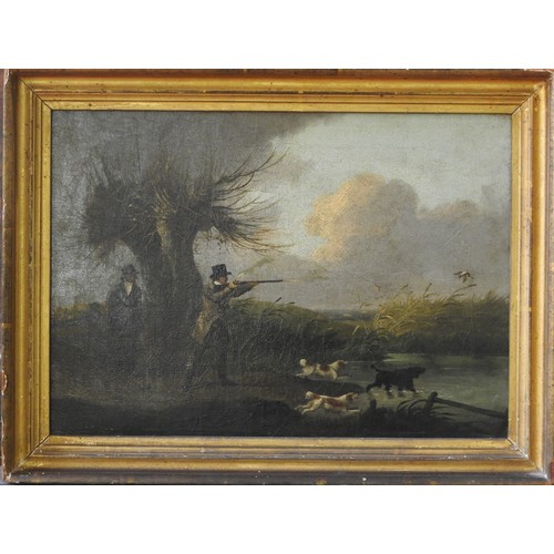 203 - ATTRIBUTED TO J.F. SARTORIUS (1775-1831), A SET OF THREE HUNTING WITH DOG SCENESOil on canvas28cm x ... 