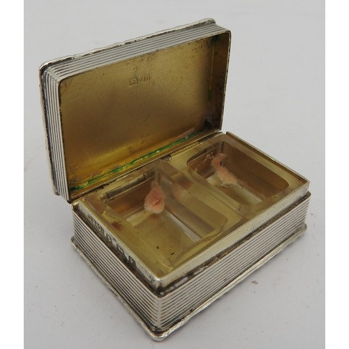 239 - A VINTAGE SILVER ROUGE BOX, rectangular form, engine turned with a chased floral border, the hinged ... 