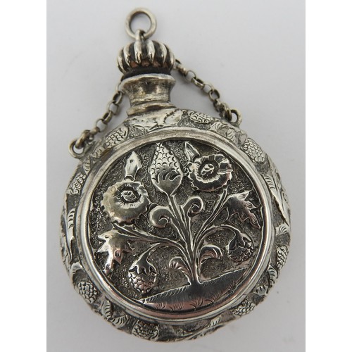 238 - AN ELEGANT SILVER 'MOON FLASK' CHATELAINE SCENT BOTTLE, each side inset with a chased circular panel... 