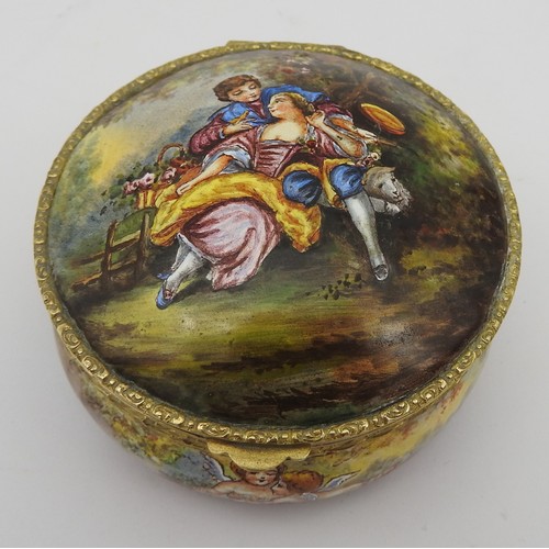 417 - A VINTAGE FRENCH ENAMELLED GILT METAL POT, the domed hinged lid decorated with a romantic scene, ope... 