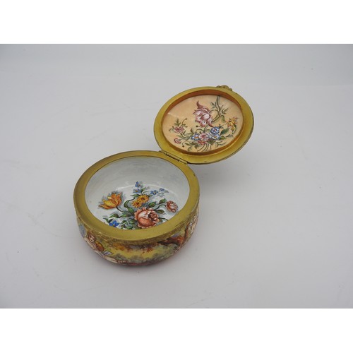 417 - A VINTAGE FRENCH ENAMELLED GILT METAL POT, the domed hinged lid decorated with a romantic scene, ope... 