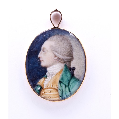 447 - ENGLISH SCHOOL, 18TH CENTURY, MINIATURE PORTRAIT OF A GENTLEMAN in aGreen Coat and high-buttoned wai... 