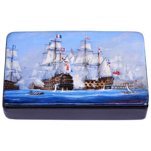 422 - COMMANDER GEOFF HUNT R.N., A PAPIER MACHE BOX,  the lid hand painted with a naval battle scene of th... 