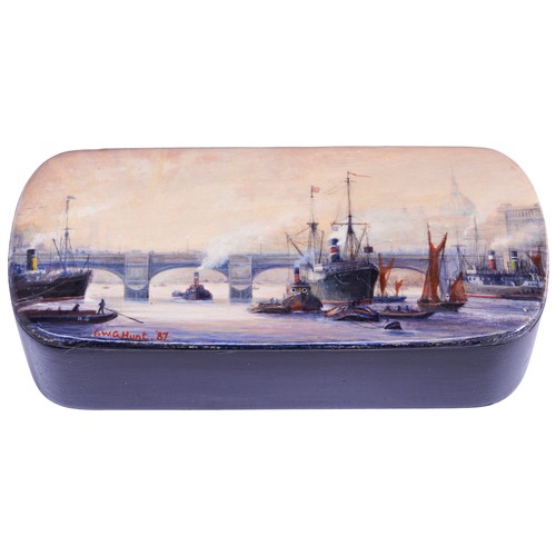 423 - COMMANDER GEOFF HUNT R.N., A PAPIER MACHE BOX  the lid handpainted with a Thames scene, St Pauls in ... 