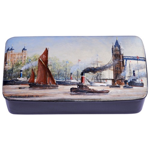 424 - COMMANDER GEOFF HUNT R.N., A PAPIER MACHE BOX, painted with a Thames scene, the Tower of London in t... 