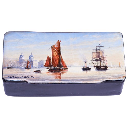 425 - COMMANDER GEOFF HUNT R.N., A PAPIER MACHE BOX the lid handpainted with a scene of vessels moored the... 