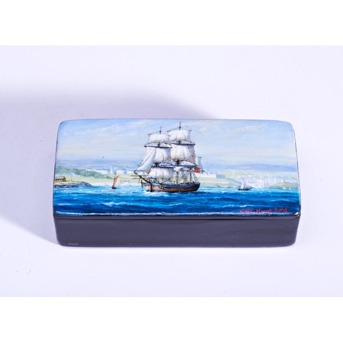 426 - COMMANDER GEOFF HUNT R.N., A PAPIER MACHE BOX THE LID HAND PAINTED WITH A SCENE OF HMS ENDEAVOUR lea... 