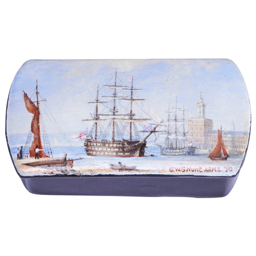 427 - COMMANDER GEOFF HUNT R.N., A PAPIER MACHE BOX THE LID HAND PAINTED WITH A SCENE OF HMS VICTORY, moor... 