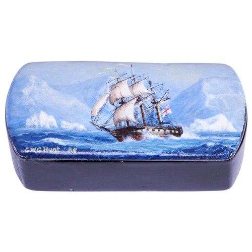 428 - COMMANDER GEOFF HUNT R.N., A PAPIER MACHE BOX THE LID HAND PAINTED WITH A SCENE OF HMS TRINCO,  sign... 