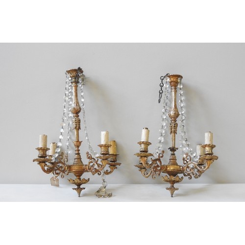 94 - A PAIR OF ORNATE FRENCH STYLE GILT METAL CHANDELIERS, CIRCA 1935, four branch, decorated with glass ... 