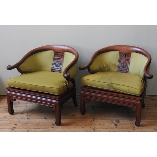 37 - A PAIR OF CHINESE ROSEWOOD ARMCHAIRS, EARLY 20TH CENTURY, by J.L George of Hong Kong, horseshoe shap... 