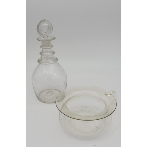 113 - A LATE 18TH CENTURY TRIPLE RING GLASS DECANTER WITH PRESS MOULDED CIRCULAR STOPPER, the body later e... 