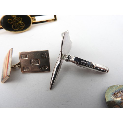 337 - THREE PAIRS OF SILVER CUFFLINKS AND THREE 18CT GOLD SHIRT STUDS, the lot includes a pair of Concorde... 