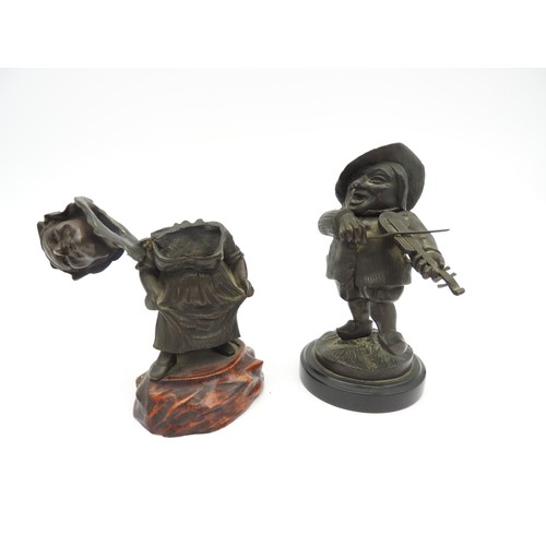 322 - TWO 19TH CENTURY 'GROTESQUE' FIGURAL BRONZE INKWELLS, one in the form of a violin player, raised on ... 