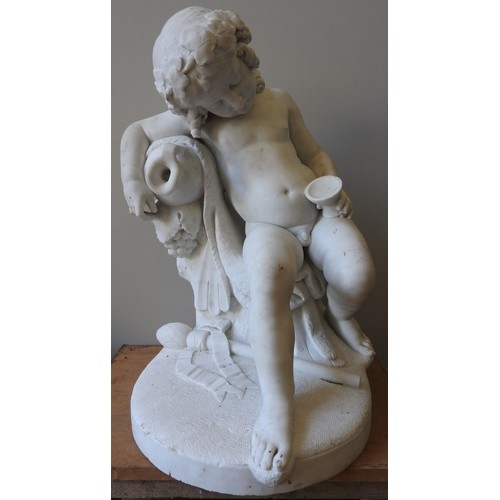 85 - AN IMPRESSIVE WHITE MARBLE OF BACCHANALIAN FIGURE, the putto figureslumped in a seated pose with win... 