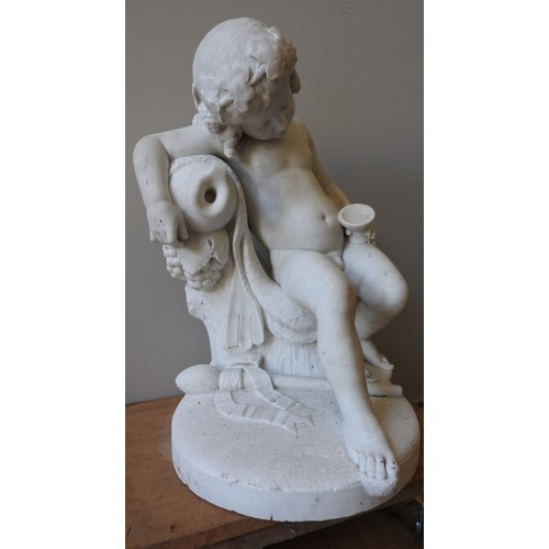 85 - AN IMPRESSIVE WHITE MARBLE OF BACCHANALIAN FIGURE, the putto figureslumped in a seated pose with win... 