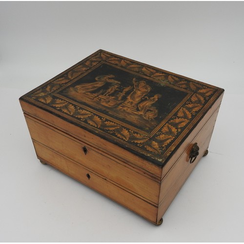 215 - A REGENCY PENWORK BOX, CIRCA 1820, the lid of the pine box illustrated with a Neoclassical scene sur... 