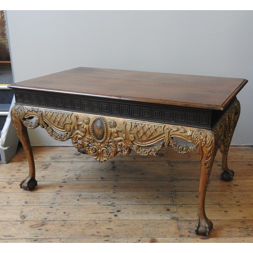 53 - A MID 19TH CENTURY MAHOGANY AND GILT WOOD CENTRE TABLE, the shape and proportions in the Chippendale... 