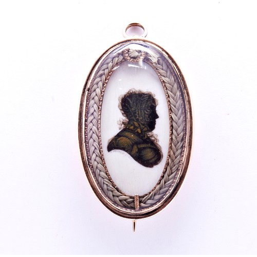 436 - JOHN MIERS, SILHOUETTE OF A LADY WITH GOLD HIGHLIGHTS, framed within a border of finely plaited hair... 