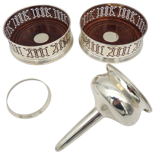 245 - A PAIR OF 'MILLENIUM' SILVER WINE COASTERS, WINE FUNNEL AND A HOOK COLLAR, the coasters and funnel b... 