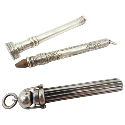 247 - TWO RETRACTABLE CHATELAINE PENCILS BY  S. MORDEN, and an unusual silver retractable pencil by Joseph... 