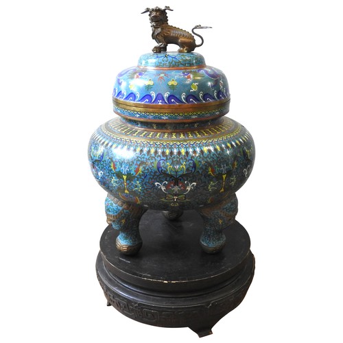 167 - A MONUMENTAL CHINESE CLOISONNE KORO ON STAND, LATE 19TH CENTURY, compressed globular form, the domed... 