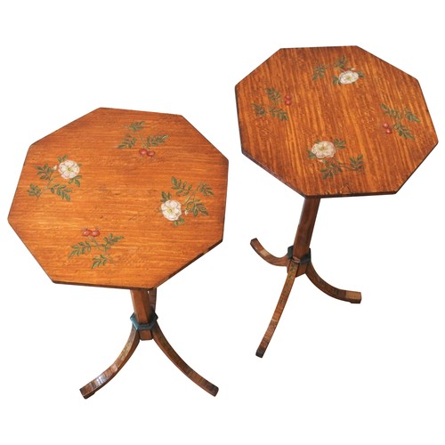 29 - A PAIR OF LATE 18TH / EARLY 19TH CENTURY SATIN WOOD WINE TABLES, the octagonal tops hand painted wit... 