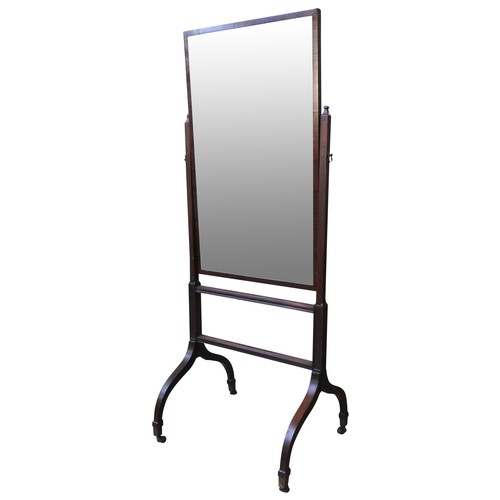 88 - A REGENCY MAHOGANY CHEVAL MIRROR, CIRCA 1820, the rectangular adjustable plate raised on square tape... 