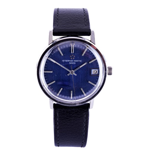 342 - ETERNA: A STEEL ETERNA-MATIC 3003 WRISTWATCH,decorated dark blue dial with baton numerals, centre se... 