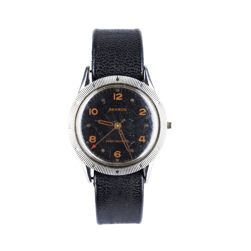 343 - BENRUS. A STEEL WRISTWATCHblack dial signed Benrus, Shock-Absorber, gilt hands, centre seconds, mill... 