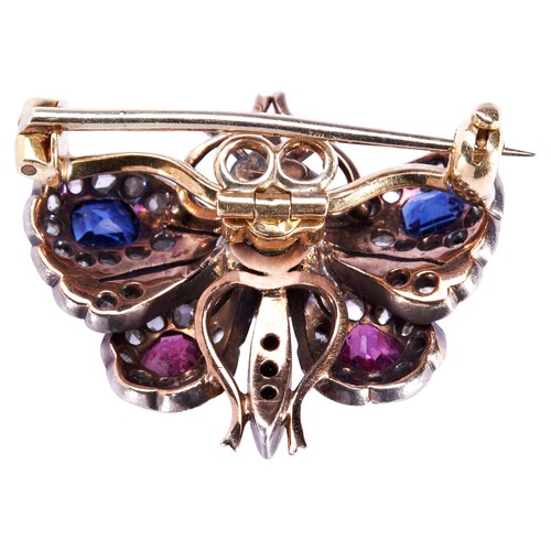 239 - A VICTORIAN GOLD DIAMOND, RUBY AND SAPPHIRE SET BUTTERFLY BROOCH, CIRCA 1870the body set with an old... 