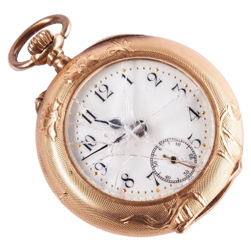 325 - A SWISS 18K GOLD LADIES FOB WATCH, Keyless lever movement in a foliate engraved case, 30mm.