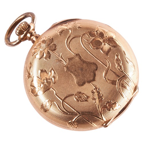 325 - A SWISS 18K GOLD LADIES FOB WATCH, Keyless lever movement in a foliate engraved case, 30mm.