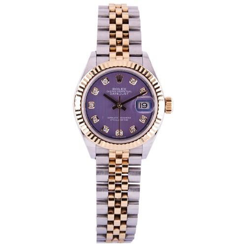 346 - ROLEX REF: 279173 A LADIES GOLD AND STEEL OYSTER PERPETUAL WRISTWATCH, Lavender dial with diamond nu... 